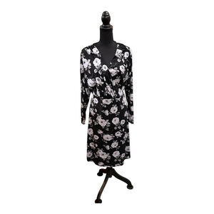 George Dress Womens 1X Black White Floral Long Sleeve Faux Wrap Plus Size